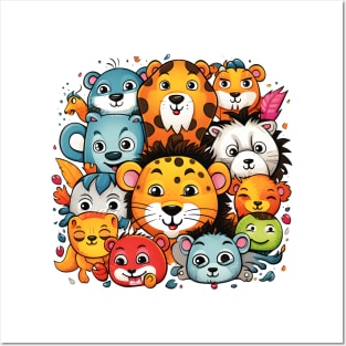 Colorful Gathering of Cute Cartoon Jungle Animals Posters and Art